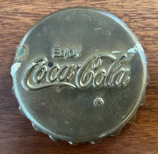 Vintage Brass Coca Cola Paperweight Round Bottle Cap Felt Bottom 3.25” X .75”
