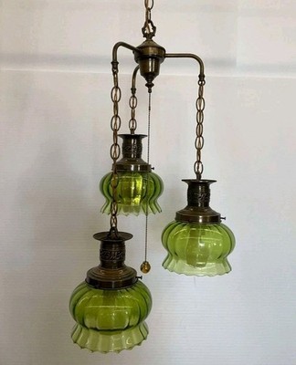 Vintage Green MCM Glass Hanging Triple Globe Swag Lamp