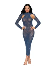Dreamgirl Twilight Rhinestone Lace Gown Bodystocking Long Sleeve Open Back OS
