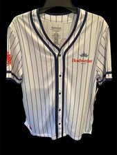BUDWEISER Button Up 76 Jersey sz M White w/Stripes SS Baseball SHIRT
