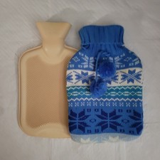 Hot Water Bottle & Blue Cover Set, Rubber Bottle with Knit Cover, Unisex