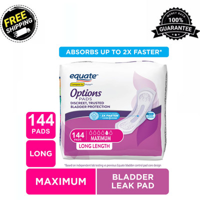 Equate Options Incontinence Pads for Women Maximum Absorbency Long 144 Count