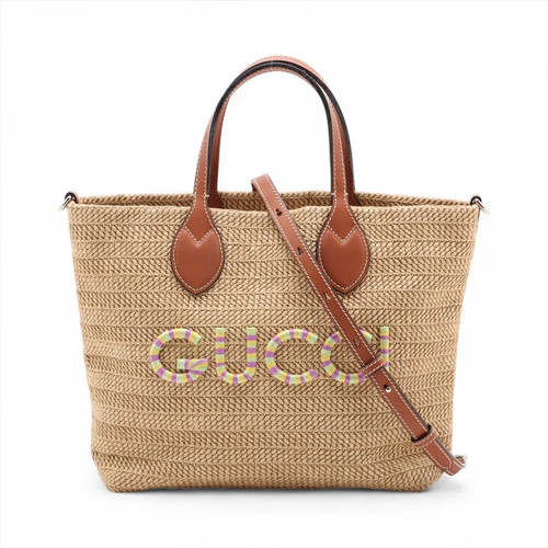 Gucci Patch Raffia x leather 2 Way Handbag Beige 779671