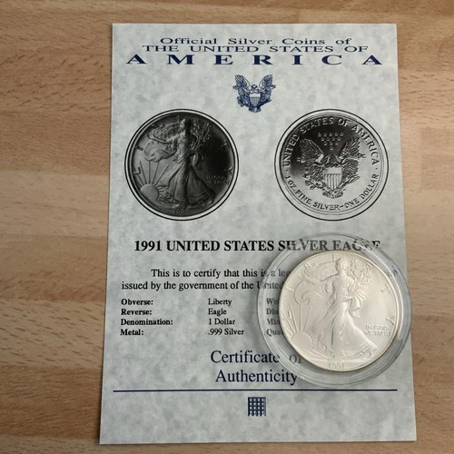 USA Mint Genuine 1991 1oz American Silver Eagle 0.999 Fine Silver Coin