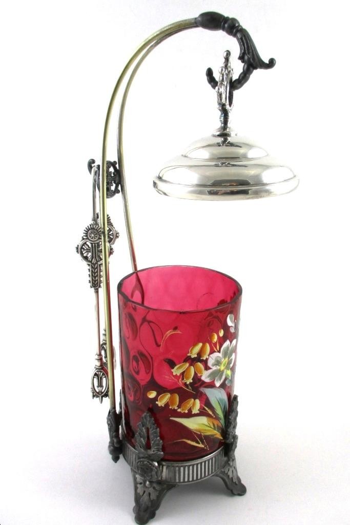 James W. TUFTS #3614 - Antique PICKLE CASTOR w/HOOK - hp CRANBERRY Enamel JAR