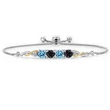 925 Silver and 10K Yellow Gold Swiss Blue Topaz and Black Sapphire and White