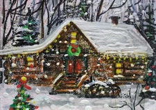 ACEO Original  PAINTING Winter XMAS HOUSE Cabin Trees Snow Holiday Landscape ART