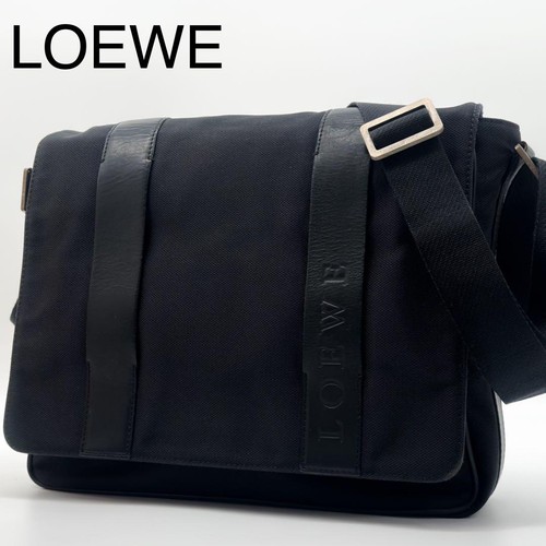 Rare Excellent Condition LOEWE Canvas Leather Logo Messenger Shoulder Bag
