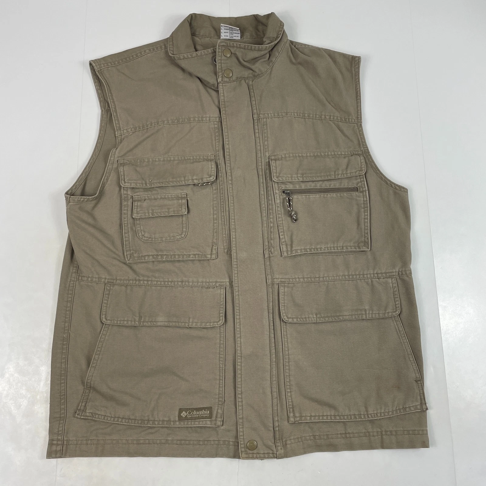 Columbia Vest Men Large Beige Cargo Field Safari Fishing Full Zip Canvas Hunting