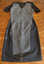 Elie Tahari Elegant Modern Mixed Media Design Black Sheath Dress Sleek Back 6