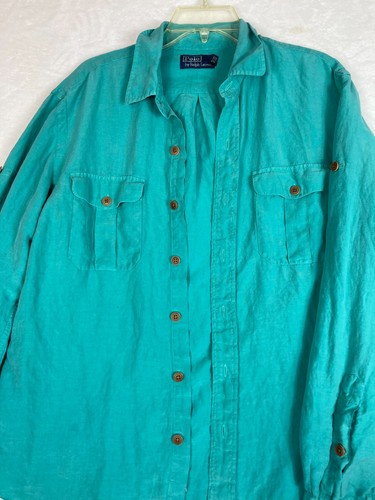 Polo Ralph Lauren uomo L verde lino misto seta manica lunga bottoni davanti camicia - Foto 7 di 9