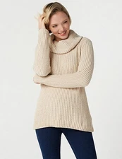 Denim & Co New Stone Beige Chenille Cowl-Neck Sweater New