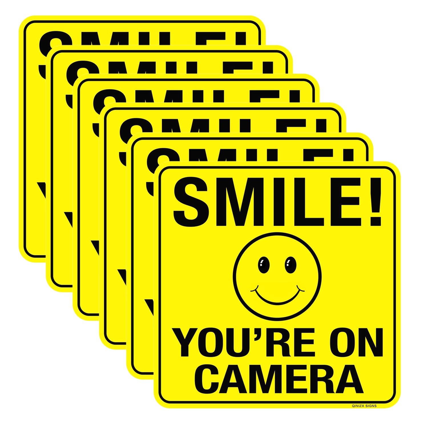 6 Pack Smile You're On Camera Sign, 6" x Video 6x6 inch, Yellow, Black
