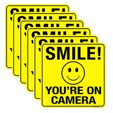 6 Pack Smile You're On Camera Sign, 6" x Video 6x6 inch, Yellow, Black