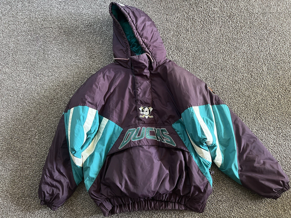 VTG 90s NHL MIGHTY DUCKS STARTER PUFFER JACKET HOODED PULLOVER