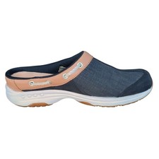 Easy Spirit Travelport Black Canvas Suede Mules Clogs Womens 7 Nautical Tan Trim