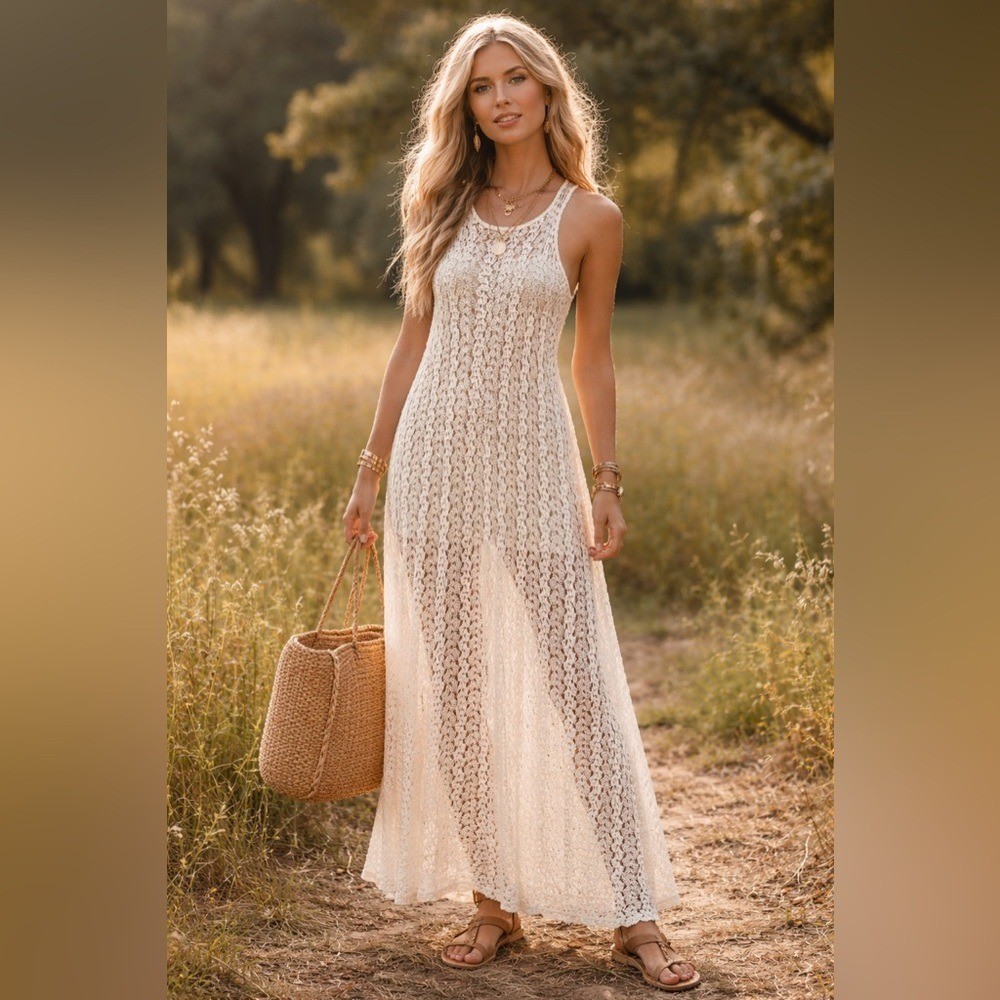 Solemio Cream Crochet Lace Maxi Dress Sheer Boho Cottagecore Medium USA