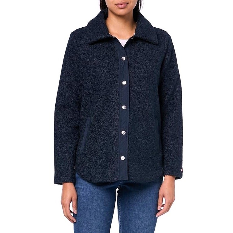 Tommy Hilfiger Women Navy Sky Captain Faux-Sherpa Snap-Front Jacket Size XL