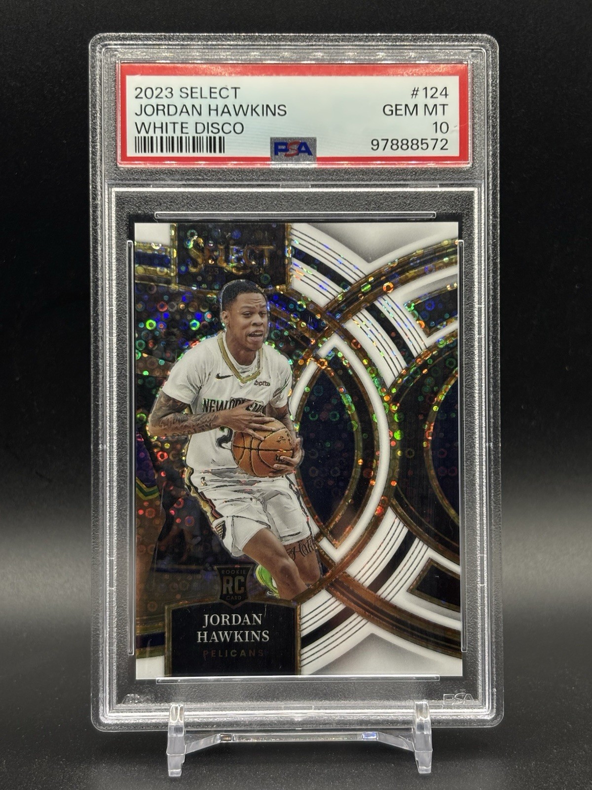 2023-24 Panini Select Jordan Hawkins Premier Level White Disco /75 #124 PSA 10