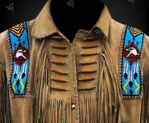 Men's Traditional Native Handmade Suede Leather Jacket With Fringes, Eagle Bead, - Picture 3 of 8