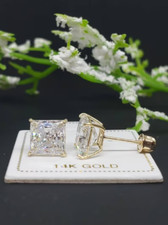 14k yellow gold stud earrings princess cut simulated diamonds