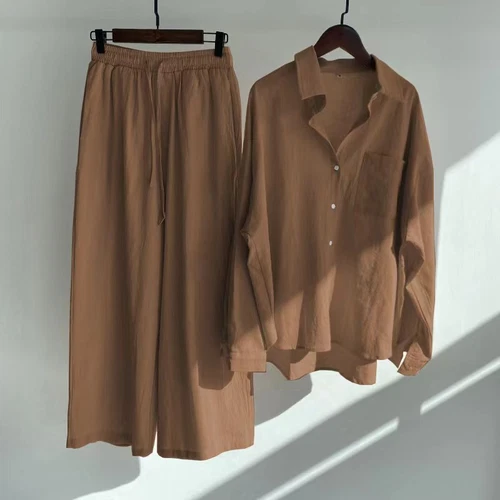 Women Lady Summer Solid Color Cotton Linen Suit Lapel Long Sleeve Top Leg Pants - Bild 40 von 42