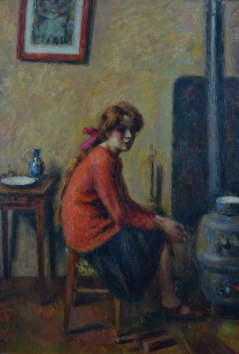 Tableau ancien Portrait Jeune femme dans l'atelier poêle Guerin Japon expo1907 - Photo 1/12