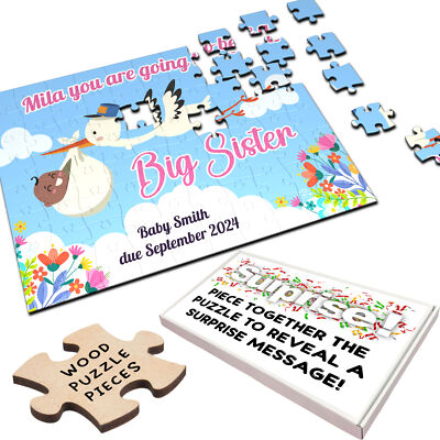 Große Schwester Schwangerschaft Ankündigung Geschenk Storch dunkle Haut Baby individuelles Puzzle