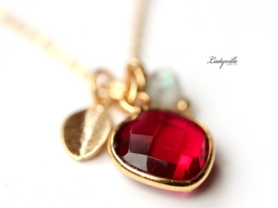 Necklace Gemstone Tourmaline Hydro Gold Plated Engraved Initial Gift Wife Mother