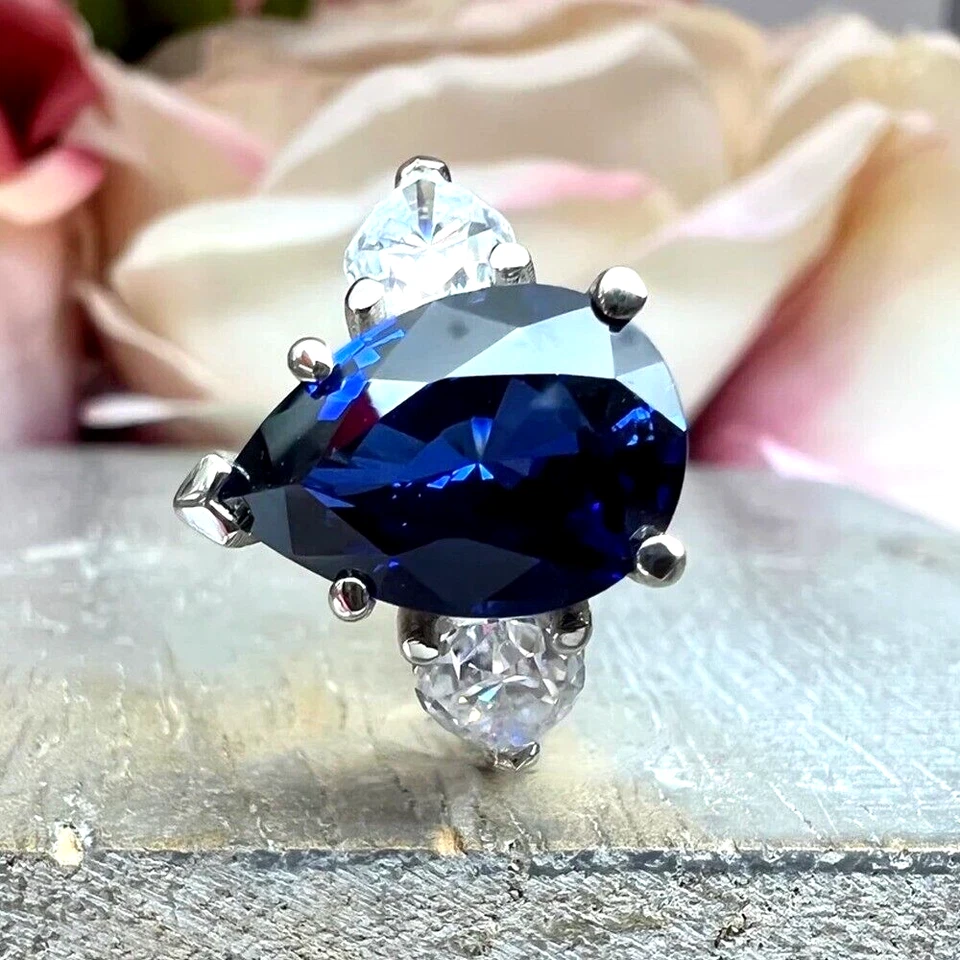 4.60 TCW Pear Natural Blue Sapphire Three Stone Engagement Ring 9ct White Gold - Image 3 of 4