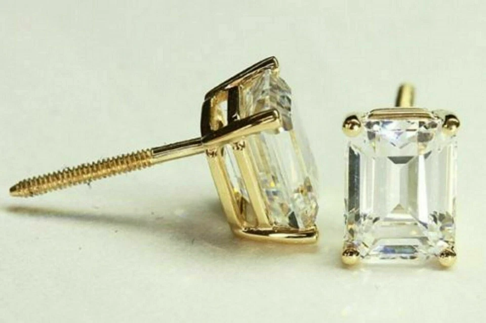 2Ct Simulated Diamond Women's Stud Earrings 14K Yellow Gold Finish Screw Back - Image 3 of 4