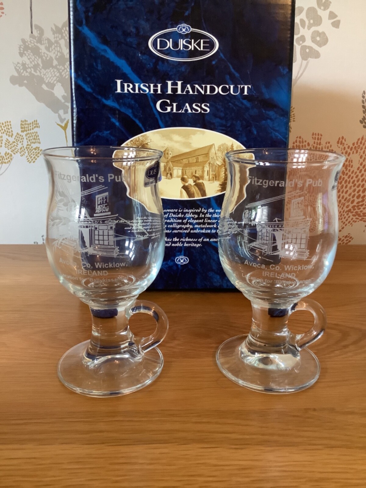 Boxed DUISKE Irish Handcut Irish Coffee glasses Etched Fitzgerald's Pub