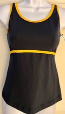 GK DANCE CHEER LADIES SMALL NAVY YELLOW DRY TECH V-NECK PERFORM TOP Sz AS NWT 