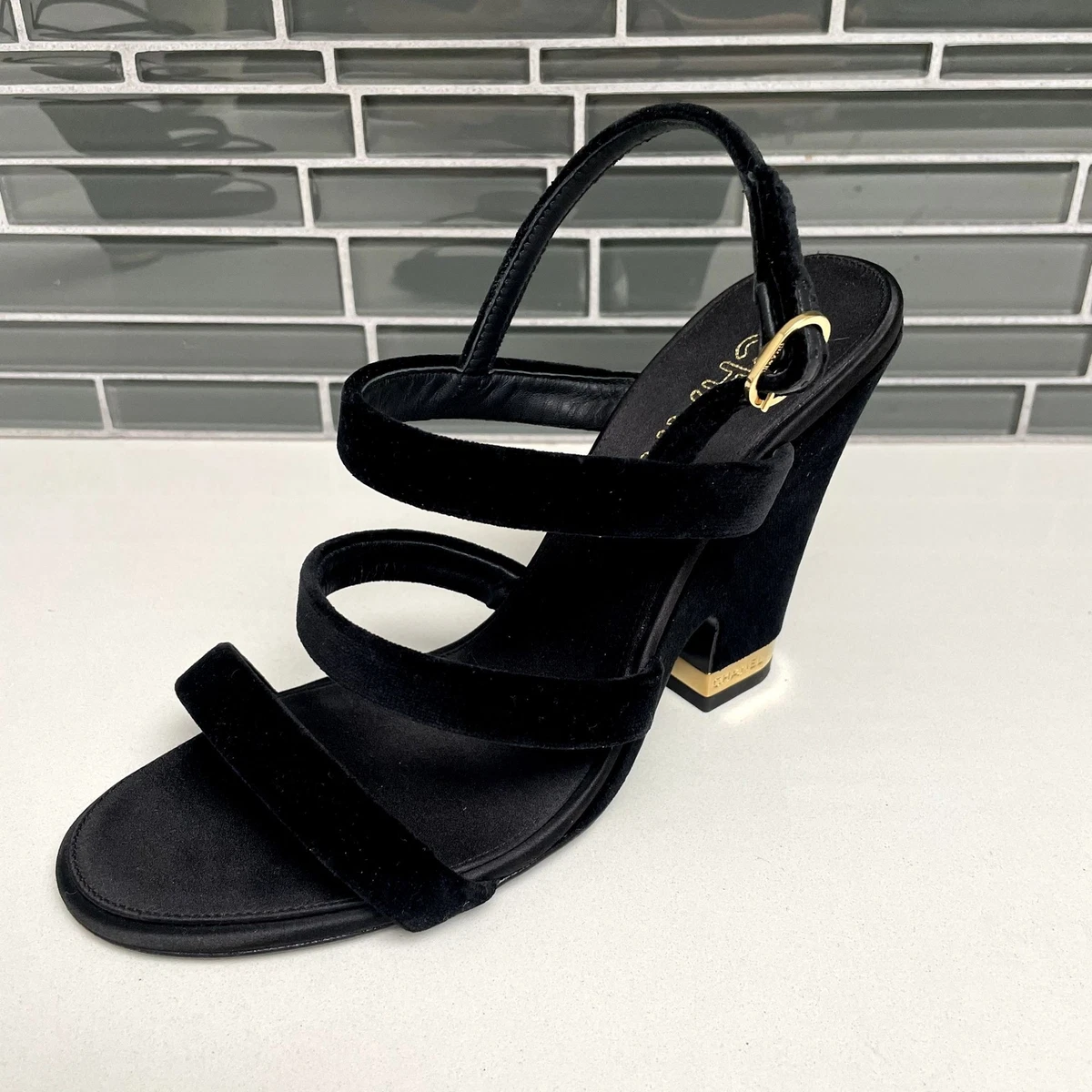 CHANEL 17A CC Logo Black Velvet Strappy Slingback Open-Toe Sandals - IT 40