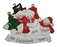 Personalized Snowman Family of 3 Christmas Ornament