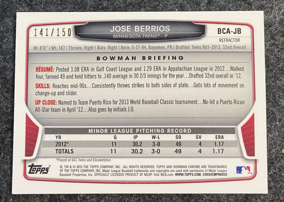 José Berrios 2013 Bowman cromo refractor azul automático/150 autógrafo novato radiocontrol Foto 2 de 2