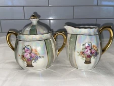 Antique Bavaria Schaller & Co. Mint & Ivory Lusterware Cream & Sugar Set