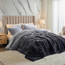 Cuddly Ribbed Fluffy Comforter Set King Size, Super Soft Plush Fleece Bedding Se