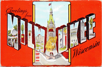 Linen Scenic Red Large Letter Milwaukee Wisconsin Multiple Views P.UN. B-106