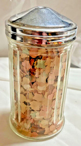 SUGAR SHAKER  VINTAGE RIBBED GLASS W/METAL  LID/PAPER PCS. INSIDE!
