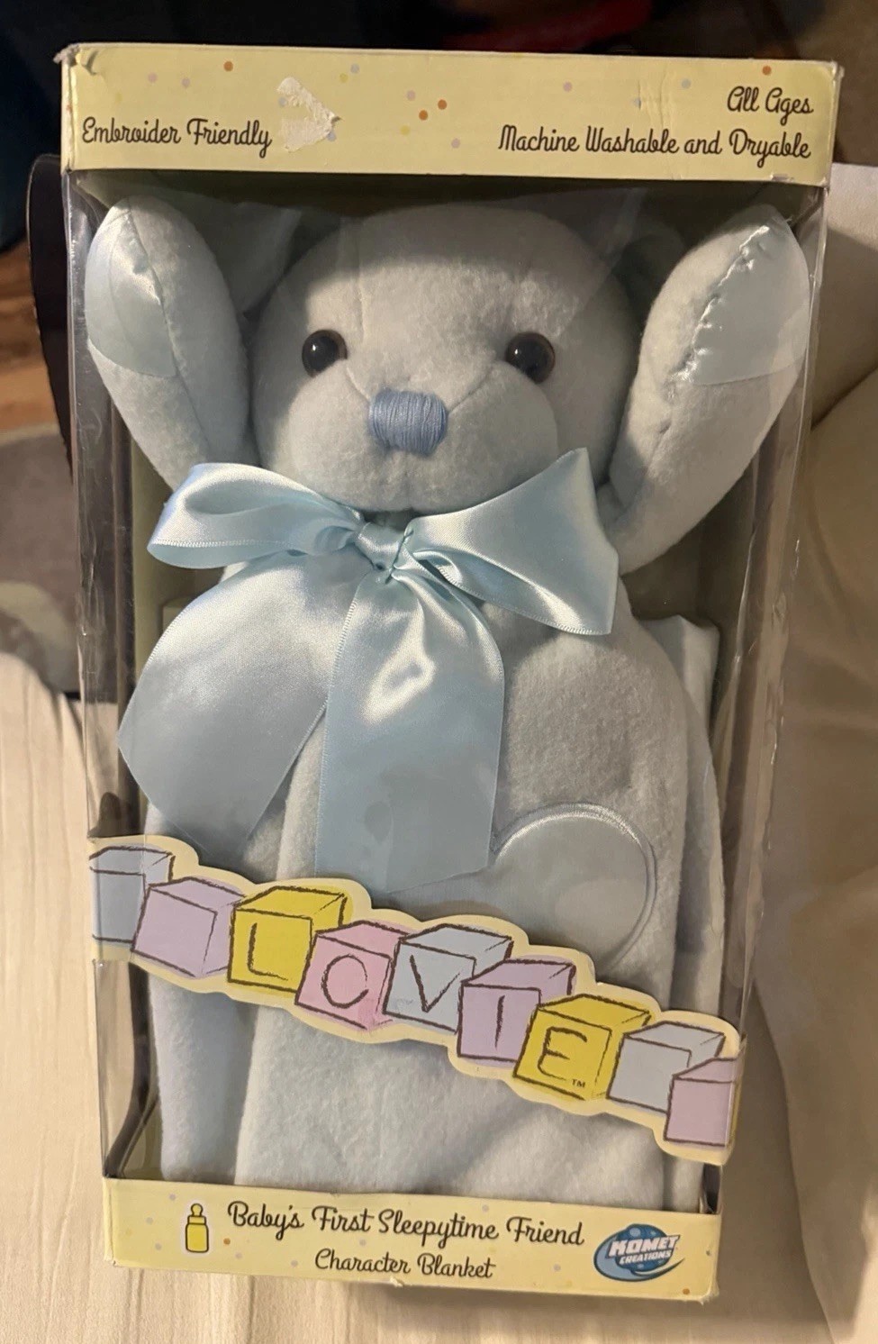 New In Box Komet Creations Bear Lovie Character Blanket Blue Satin Edges