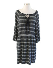 Ann Taylor Loft Black Off White Striped Embroidered Tassel Cinched Dress Size L