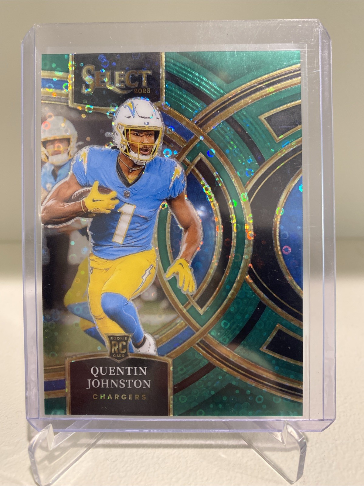 2023 Panini Select Premier Level Quentin Johnston #196 Green Prizm Disco /5 (RC)