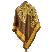 H6 Vintage Baroque Silk Scarf Brown Gold Ornate Fans Damask Square