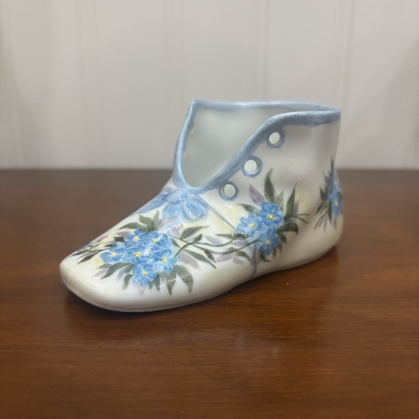 Hungary Porcelain. Baby Shoe- Hand Painted Porcelain blue Flowers.