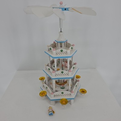 DAMAGED Vintage Easter Windmill Go Round Pyramid Wooden Carousel 3 Tier 