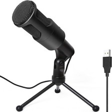 PC USB Microphone, Podcast Condenser Mic with Foldable Tripod 5 Feet, Black
