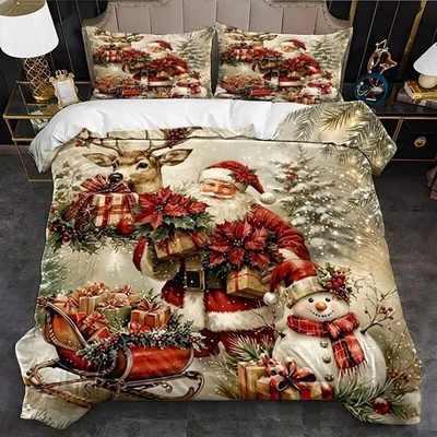 Vintage Christmas Santa Bedding Set Queen Doona Quilt Duvet Cover Pillowcase - image 1 of 4