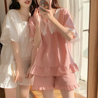 Women's Korean Style Pajama Set Summer Short Sleeve Loungewear Soft Sleepwear