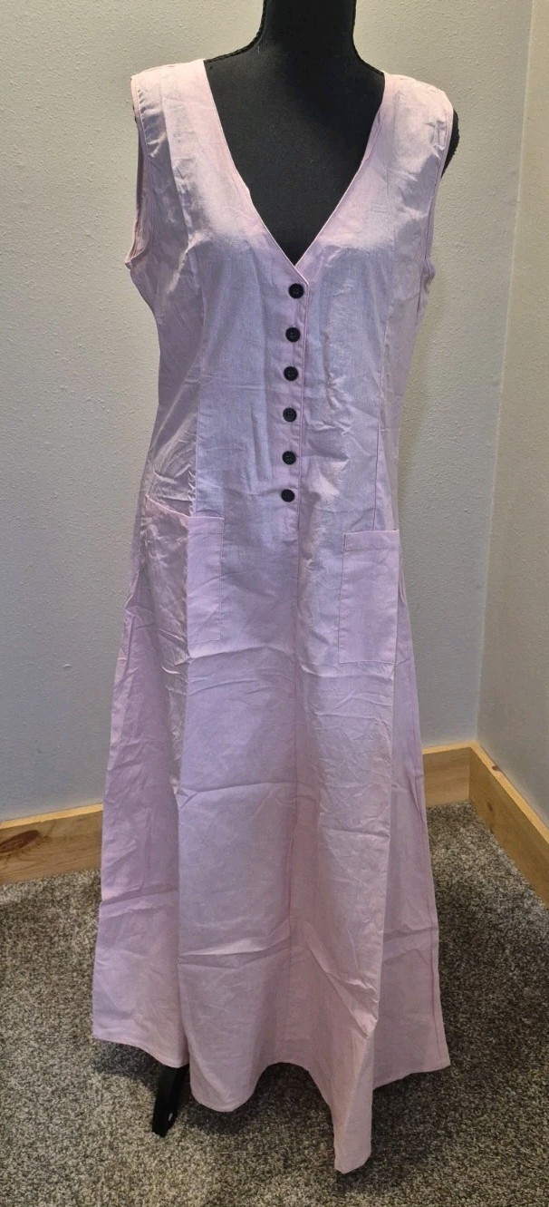 Women's Large Pink Maxi Dress Sleeveless Button Front V-Neck Pockets NWOT